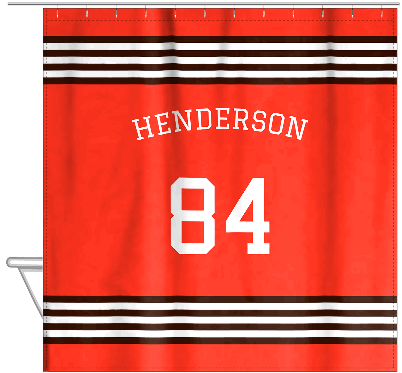 Personalized Jersey Number Shower Curtain with Arched Name - Orange & Brown - Triple Stripe - Hanging View