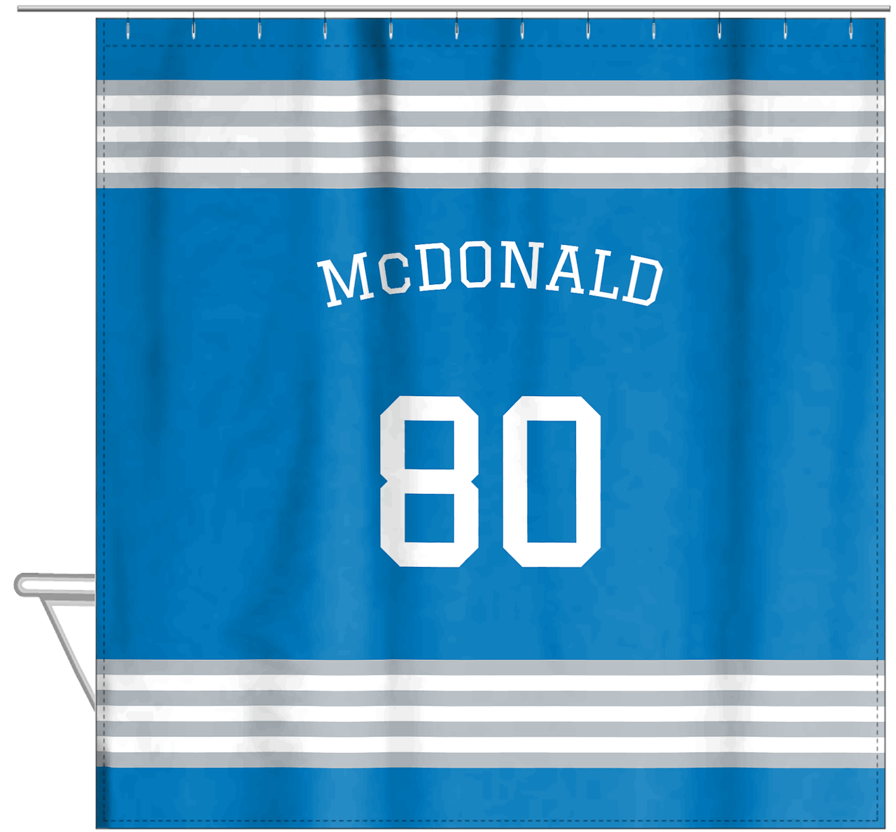 Personalized Jersey Number Shower Curtain with Arched Name - Blue & Grey - Triple Stripe - Hanging View