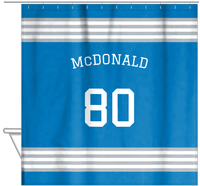 Thumbnail for Personalized Jersey Number Shower Curtain with Arched Name - Blue & Grey - Triple Stripe - Hanging View