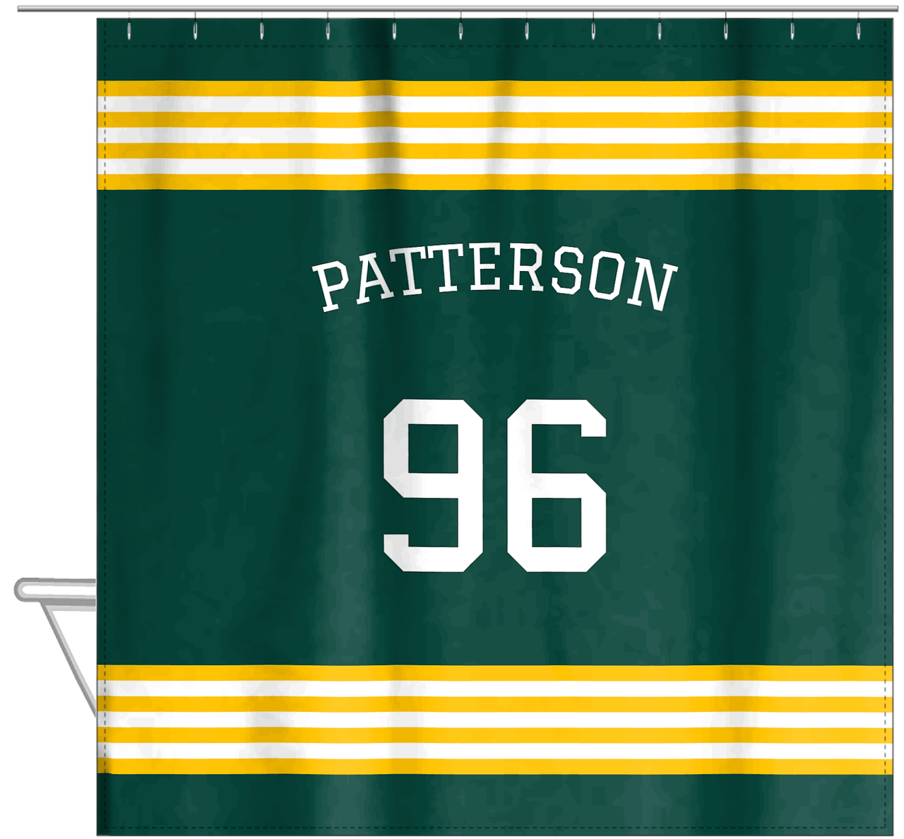 Personalized Jersey Number Shower Curtain with Arched Name - Green & Yellow - Triple Stripe - Hanging View