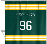 Thumbnail for Personalized Jersey Number Shower Curtain with Arched Name - Green & Yellow - Triple Stripe - Hanging View