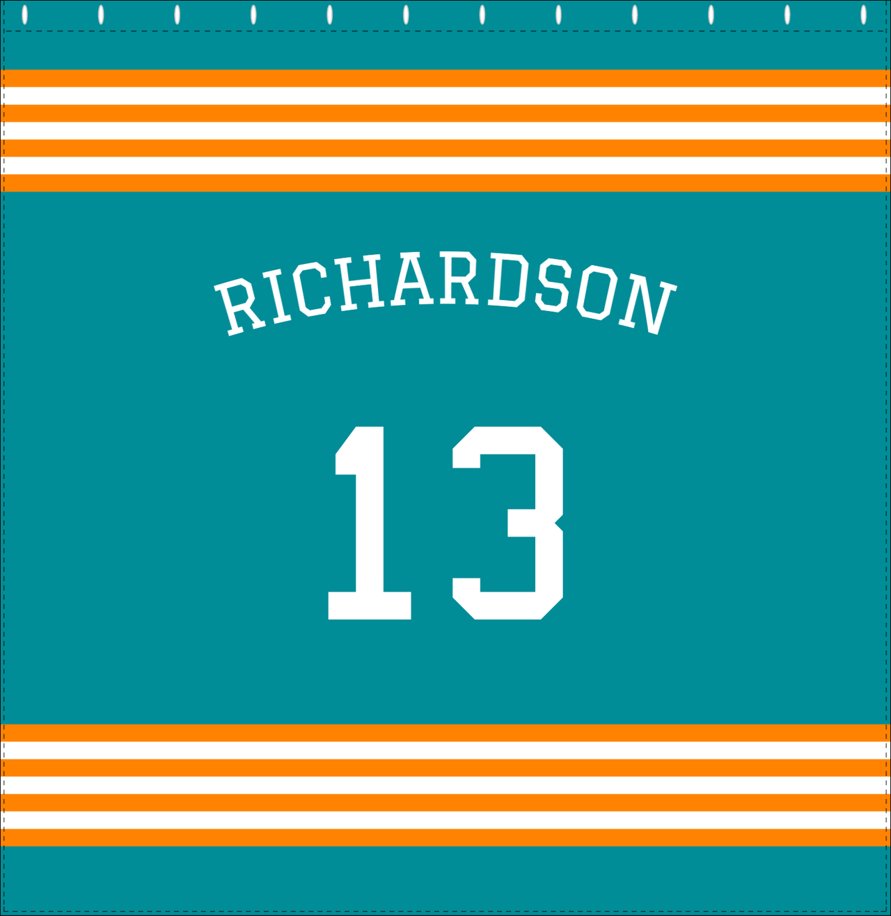 Personalized Jersey Number Shower Curtain with Arched Name - Teal & Orange - Triple Stripe - Decorate View