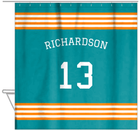 Thumbnail for Personalized Jersey Number Shower Curtain with Arched Name - Teal & Orange - Triple Stripe - Hanging View
