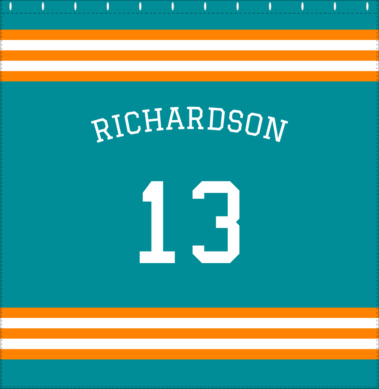 Personalized Jersey Number Shower Curtain with Arched Name - Teal & Orange - Double Stripe - Decorate View