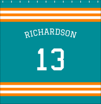 Thumbnail for Personalized Jersey Number Shower Curtain with Arched Name - Teal & Orange - Double Stripe - Decorate View