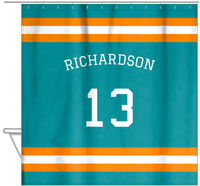 Thumbnail for Personalized Jersey Number Shower Curtain with Arched Name - Teal & Orange - Single Stripe - Hanging View