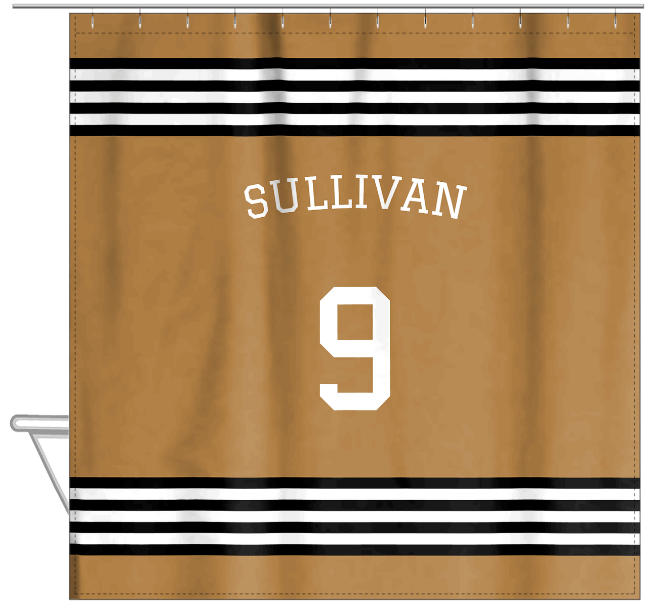 Personalized Jersey Number Shower Curtain with Arched Name - Gold & Black - Triple Stripe - Hanging View