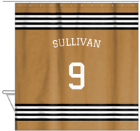 Thumbnail for Personalized Jersey Number Shower Curtain with Arched Name - Gold & Black - Triple Stripe - Hanging View