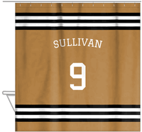 Thumbnail for Personalized Jersey Number Shower Curtain with Arched Name - Gold & Black - Double Stripe - Hanging View