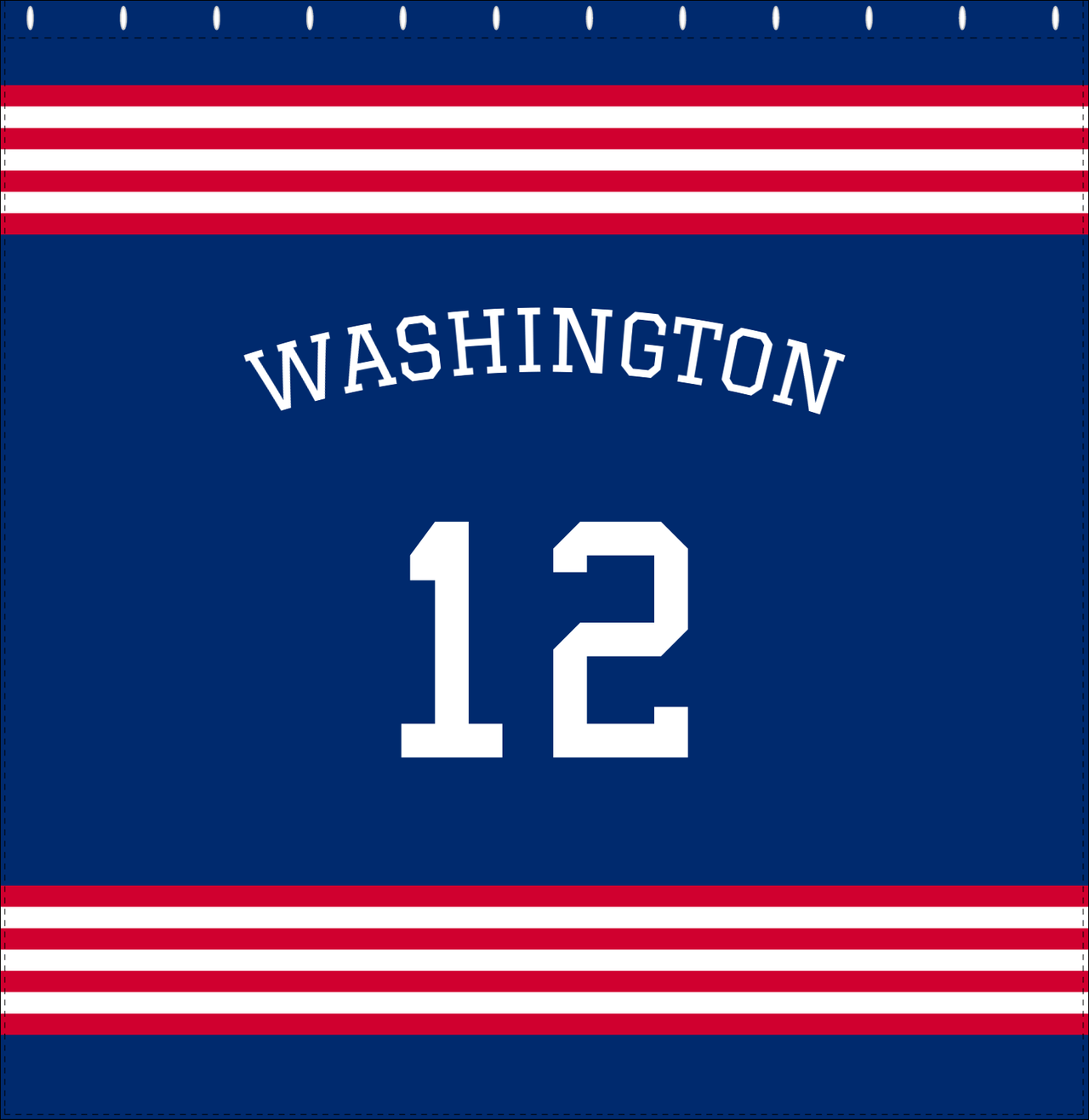 Personalized Jersey Number Shower Curtain with Arched Name - Blue & Red - Triple Stripe - Decorate View