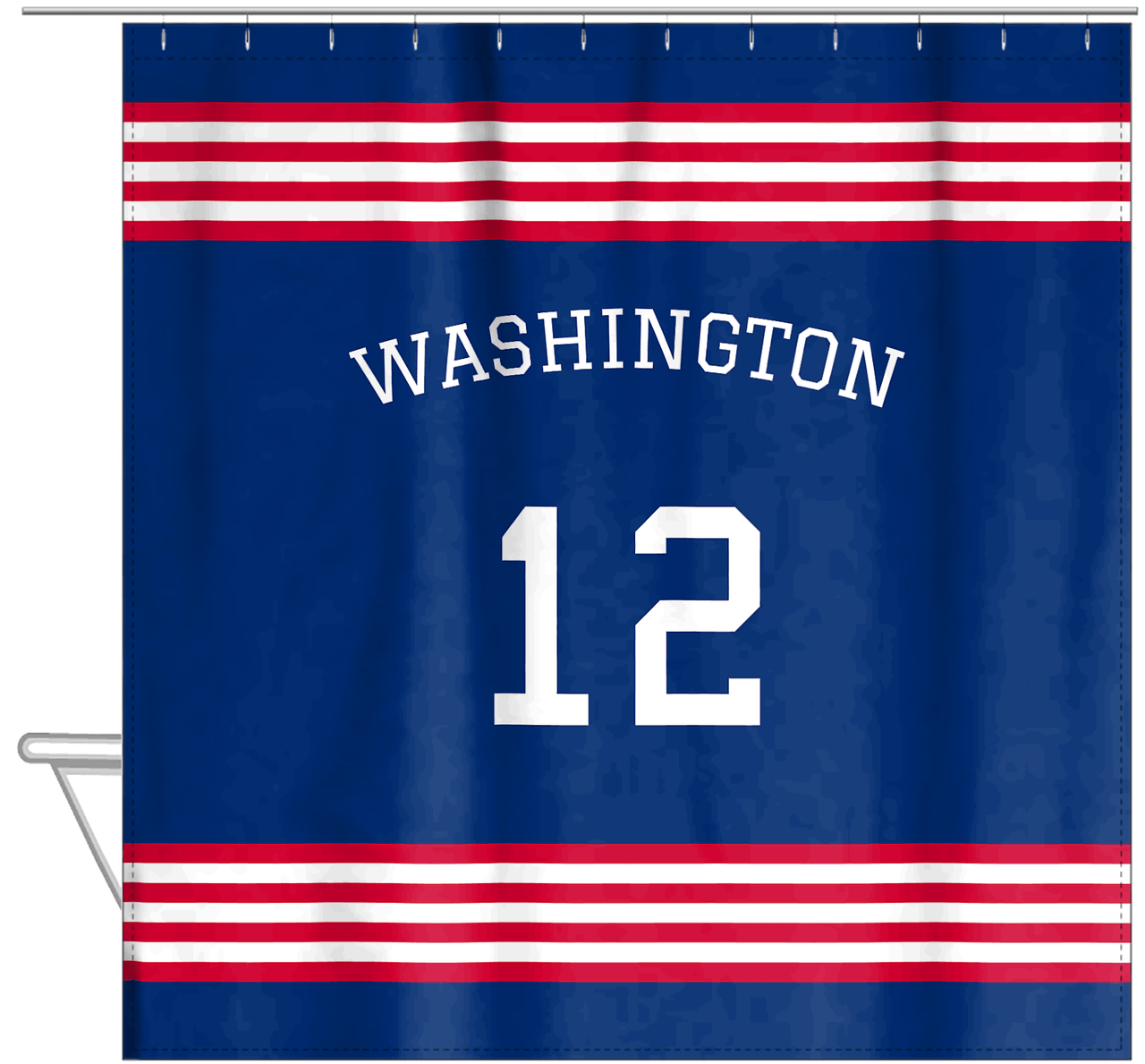 Personalized Jersey Number Shower Curtain with Arched Name - Blue & Red - Triple Stripe - Hanging View