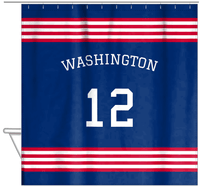 Thumbnail for Personalized Jersey Number Shower Curtain with Arched Name - Blue & Red - Triple Stripe - Hanging View