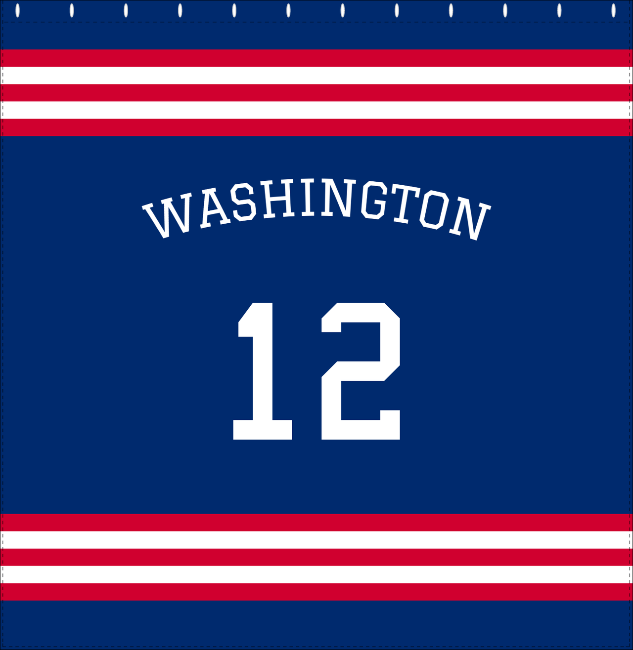 Personalized Jersey Number Shower Curtain with Arched Name - Blue & Red - Double Stripe - Decorate View