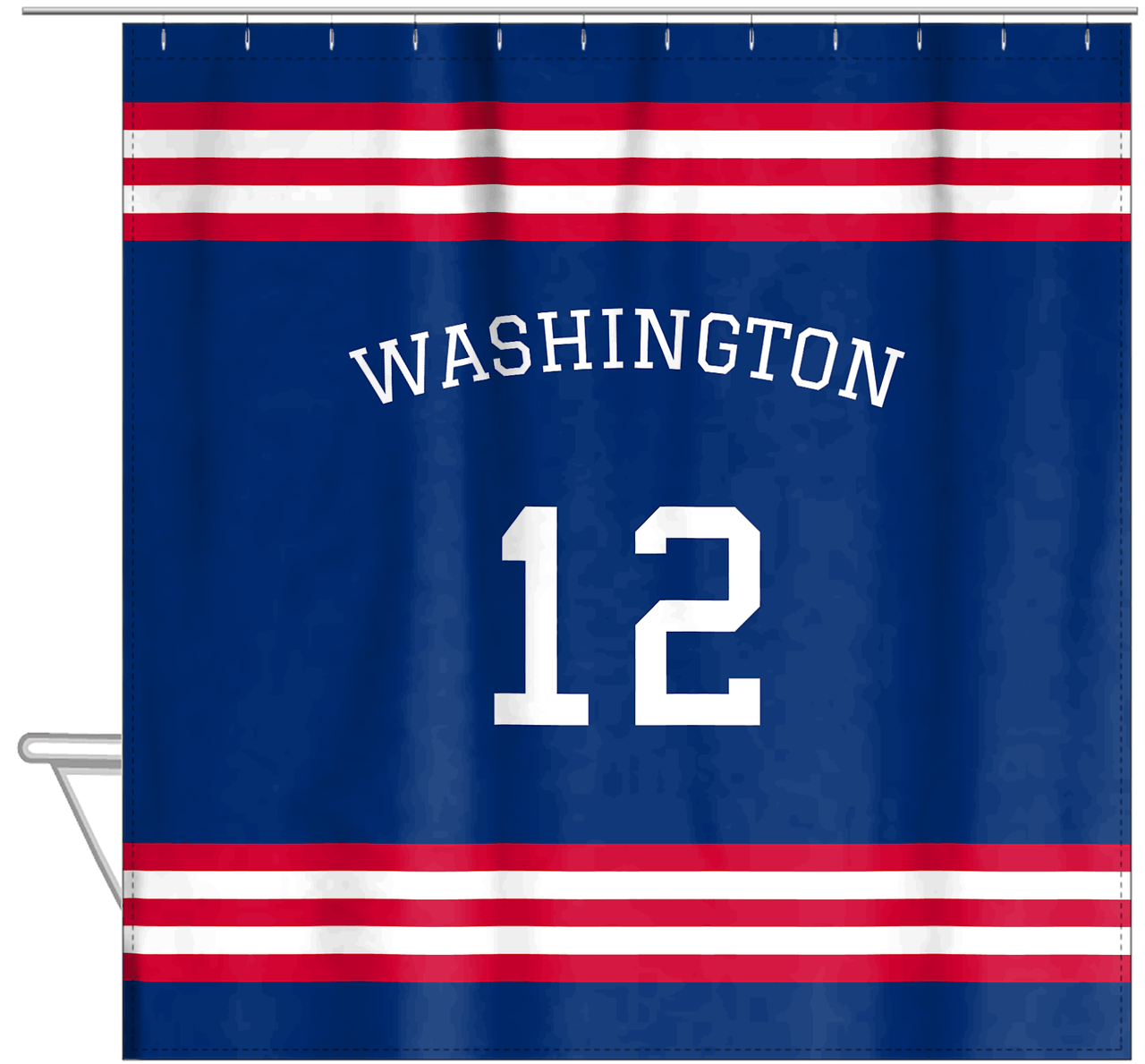 Personalized Jersey Number Shower Curtain with Arched Name - Blue & Red - Double Stripe - Hanging View