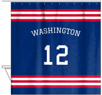 Thumbnail for Personalized Jersey Number Shower Curtain with Arched Name - Blue & Red - Double Stripe - Hanging View
