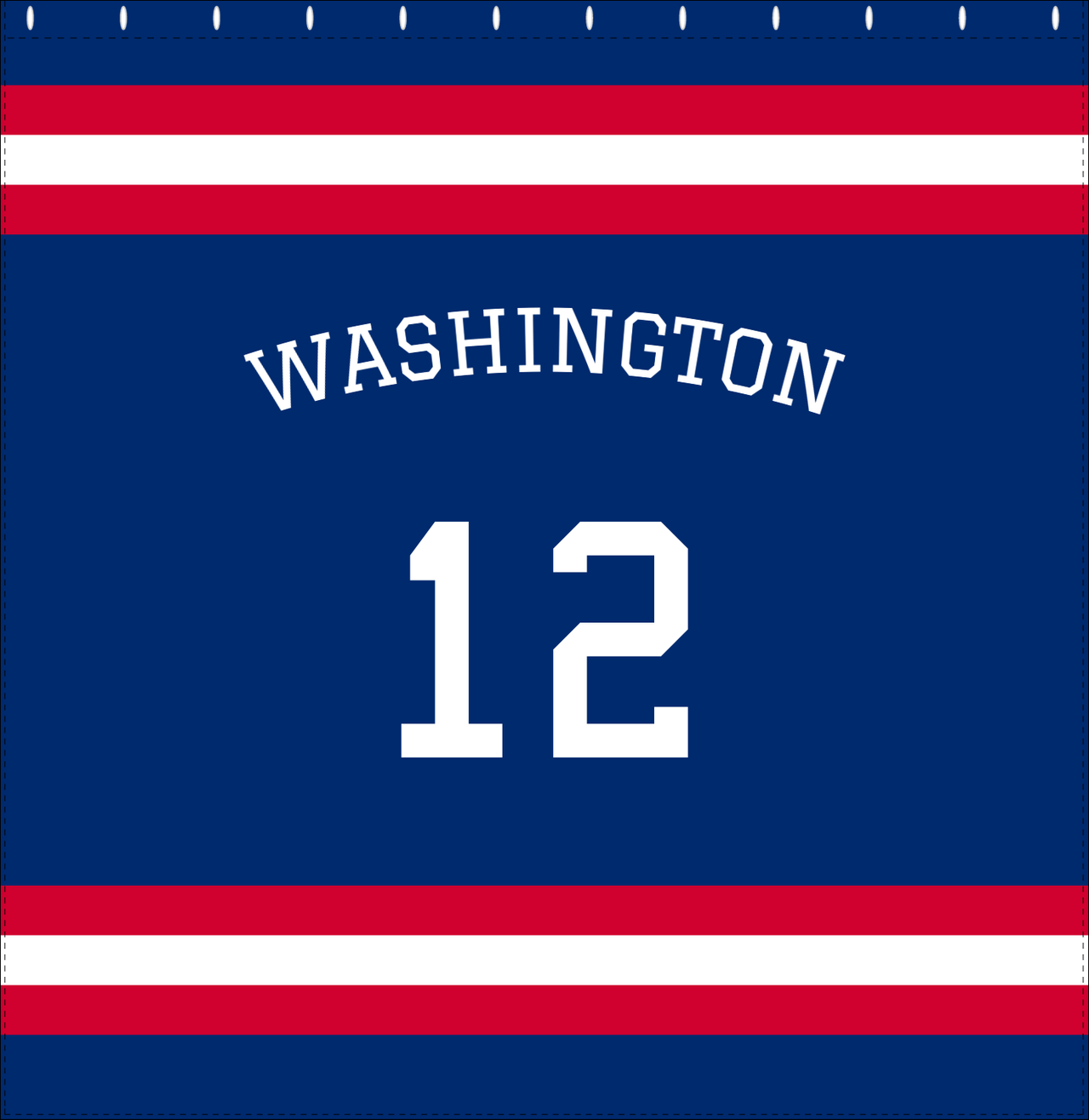 Personalized Jersey Number Shower Curtain with Arched Name - Blue & Red - Single Stripe - Decorate View