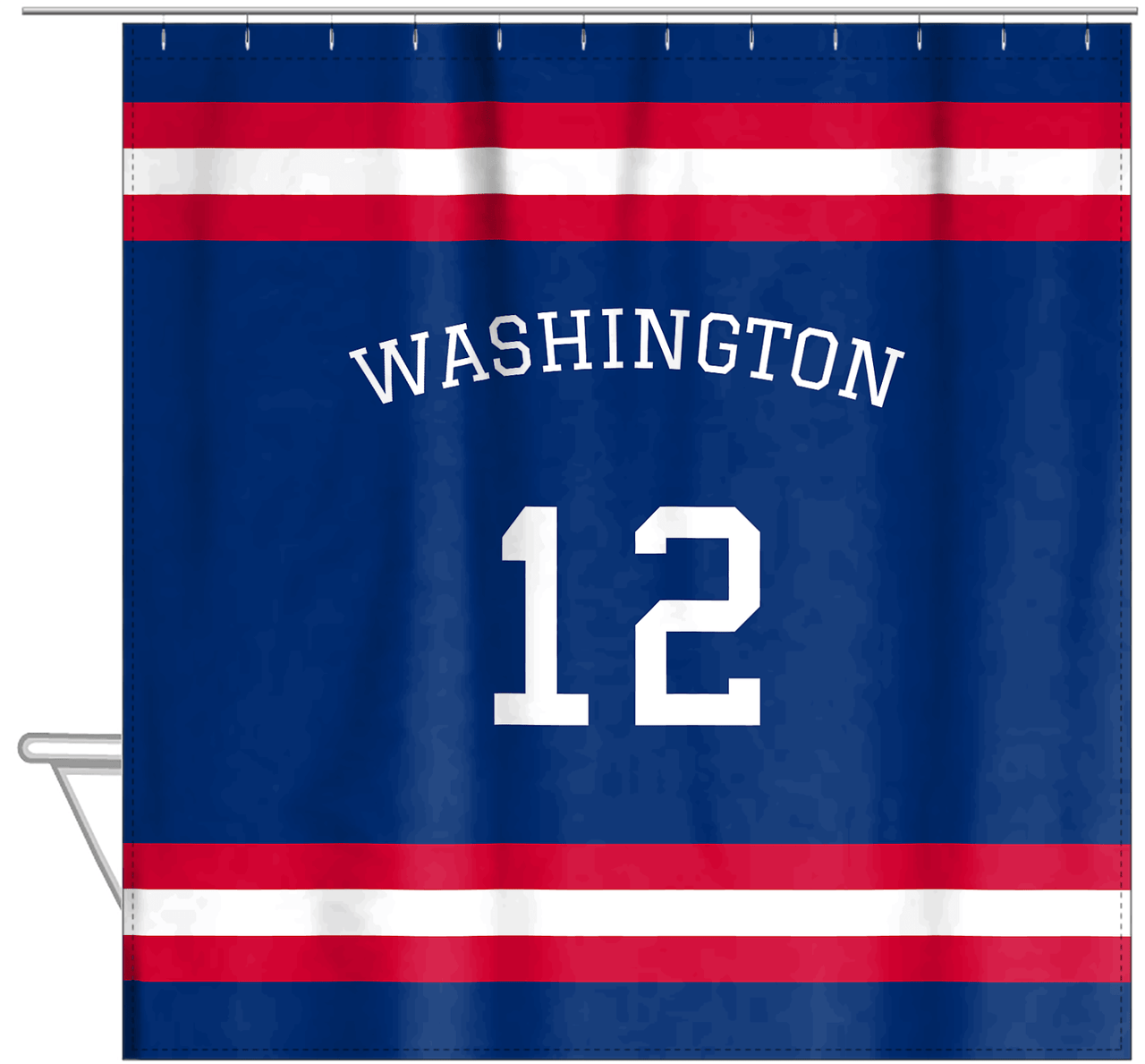 Personalized Jersey Number Shower Curtain with Arched Name - Blue & Red - Single Stripe - Hanging View