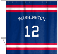 Thumbnail for Personalized Jersey Number Shower Curtain with Arched Name - Blue & Red - Single Stripe - Hanging View
