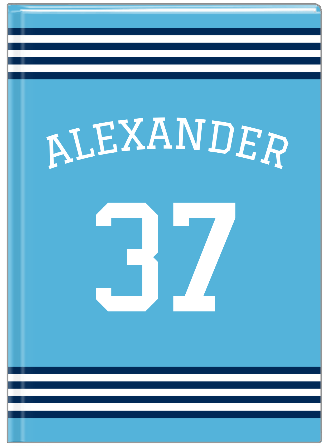 Personalized Jersey Number Journal with Arched Name - Blue and Navy - Triple Stripe - Front View