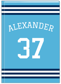 Thumbnail for Personalized Jersey Number Journal with Arched Name - Blue and Navy - Double Stripe - Front View