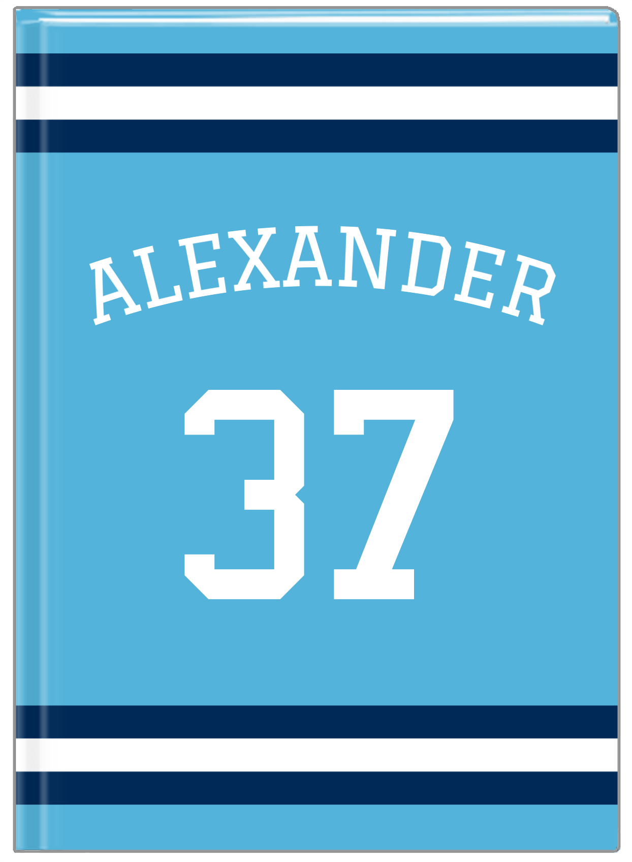 Personalized Jersey Number Journal with Arched Name - Blue and Navy - Single Stripe - Front View