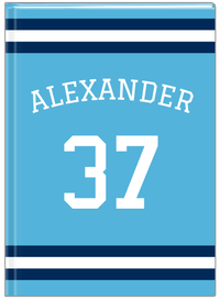 Thumbnail for Personalized Jersey Number Journal with Arched Name - Blue and Navy - Single Stripe - Front View