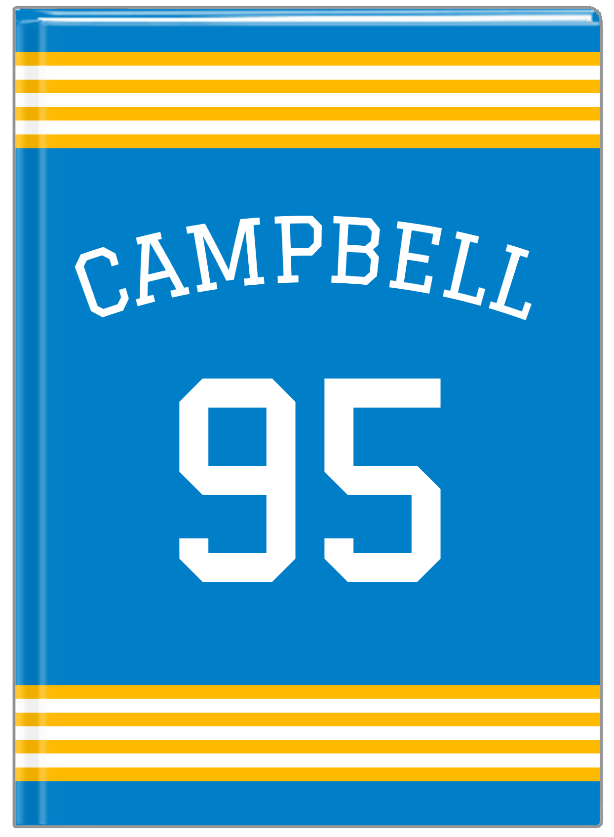 Personalized Jersey Number Journal with Arched Name - Blue and Gold - Triple Stripe - Front View