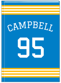 Thumbnail for Personalized Jersey Number Journal with Arched Name - Blue and Gold - Triple Stripe - Front View