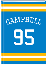 Thumbnail for Personalized Jersey Number Journal with Arched Name - Blue and Gold - Single Stripe - Front View