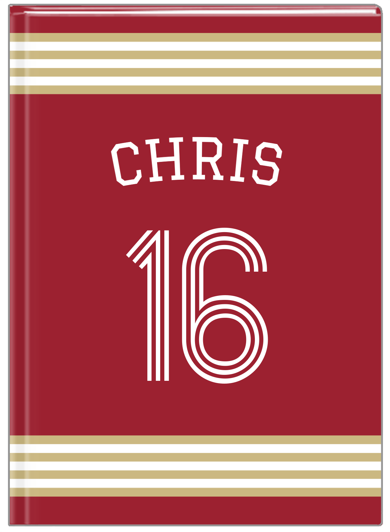 Personalized Jersey Number Journal with Arched Name - Red and Gold - Triple Stripe - Front View