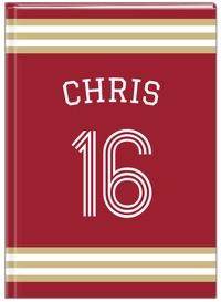 Thumbnail for Personalized Jersey Number Journal with Arched Name - Red and Gold - Double Stripe - Front View