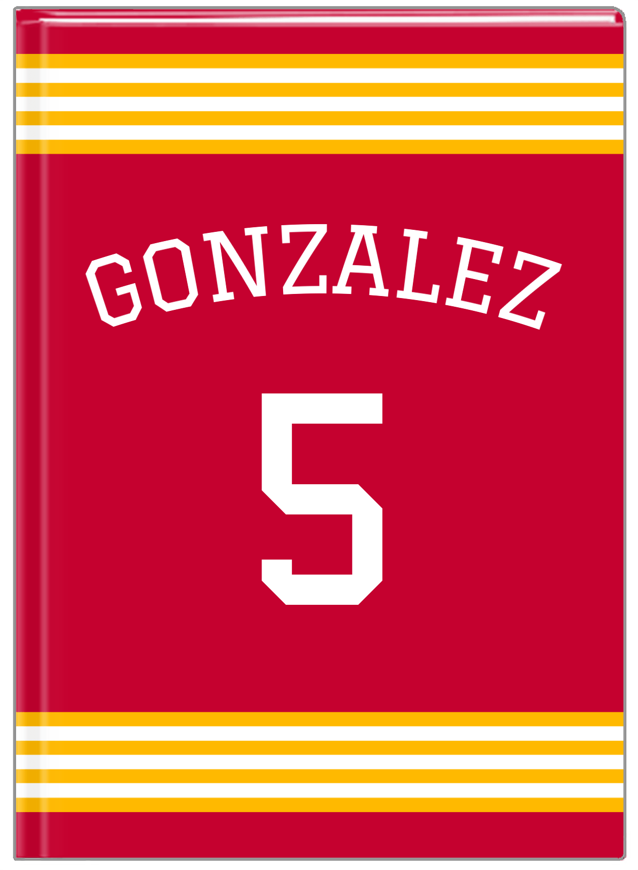 Personalized Jersey Number Journal with Arched Name - Red and Yellow - Triple Stripe - Front View
