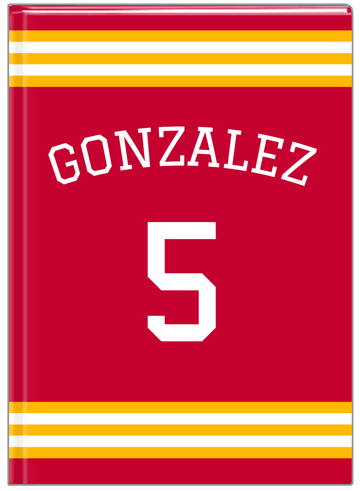 Personalized Jersey Number Journal with Arched Name - Red and Yellow - Double Stripe - Front View