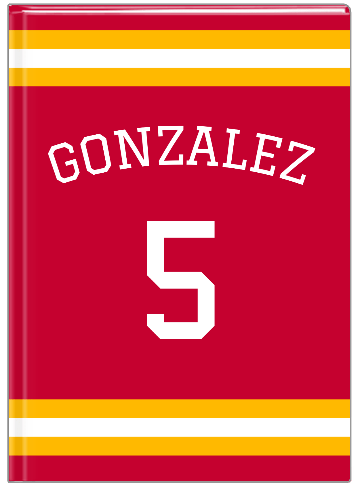 Personalized Jersey Number Journal with Arched Name - Red and Yellow - Single Stripe - Front View