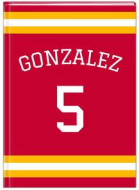 Thumbnail for Personalized Jersey Number Journal with Arched Name - Red and Yellow - Single Stripe - Front View