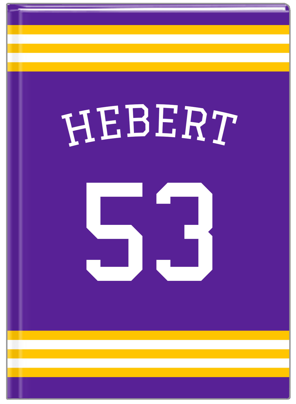 Personalized Jersey Number Journal with Arched Name - Purple and Gold - Double Stripe - Front View