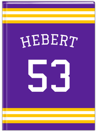 Thumbnail for Personalized Jersey Number Journal with Arched Name - Purple and Gold - Double Stripe - Front View
