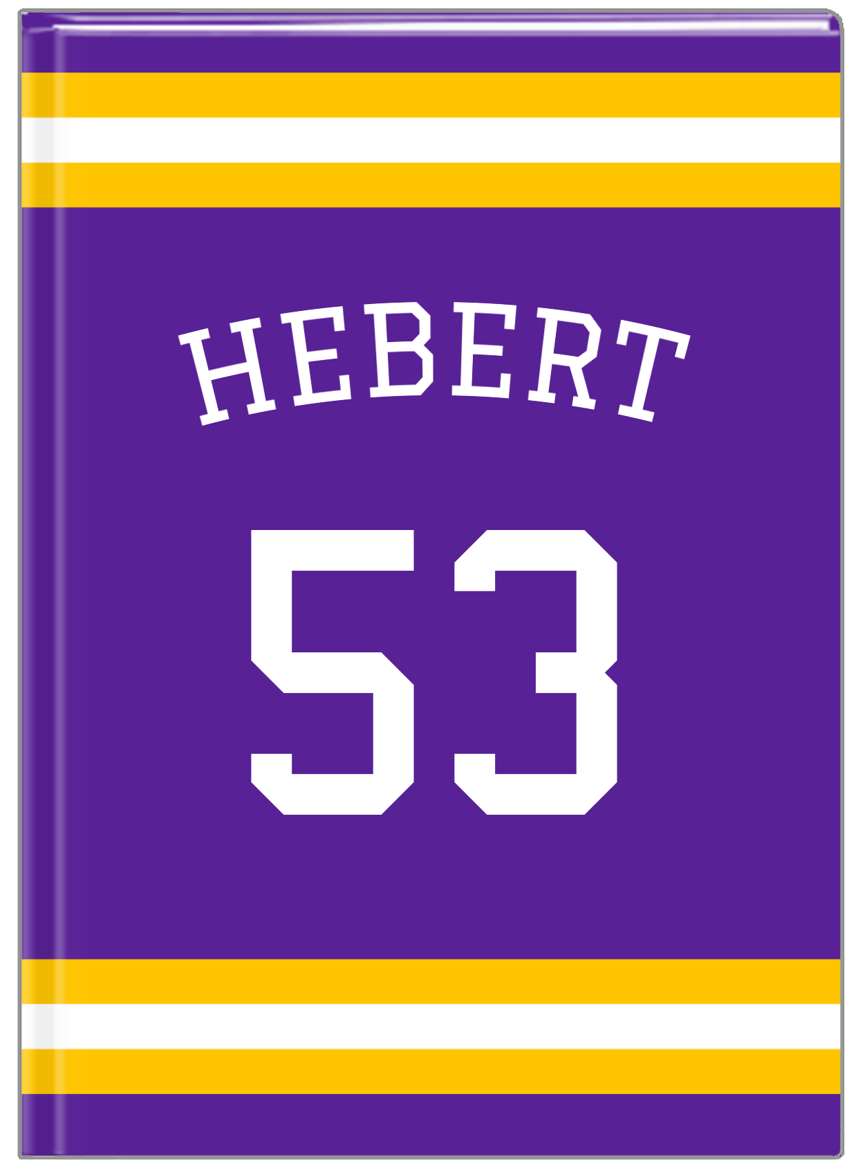 Personalized Jersey Number Journal with Arched Name - Purple and Gold - Single Stripe - Front View