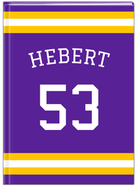 Thumbnail for Personalized Jersey Number Journal with Arched Name - Purple and Gold - Single Stripe - Front View