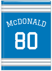 Thumbnail for Personalized Jersey Number Journal with Arched Name - Blue and Grey - Double Stripe - Front View