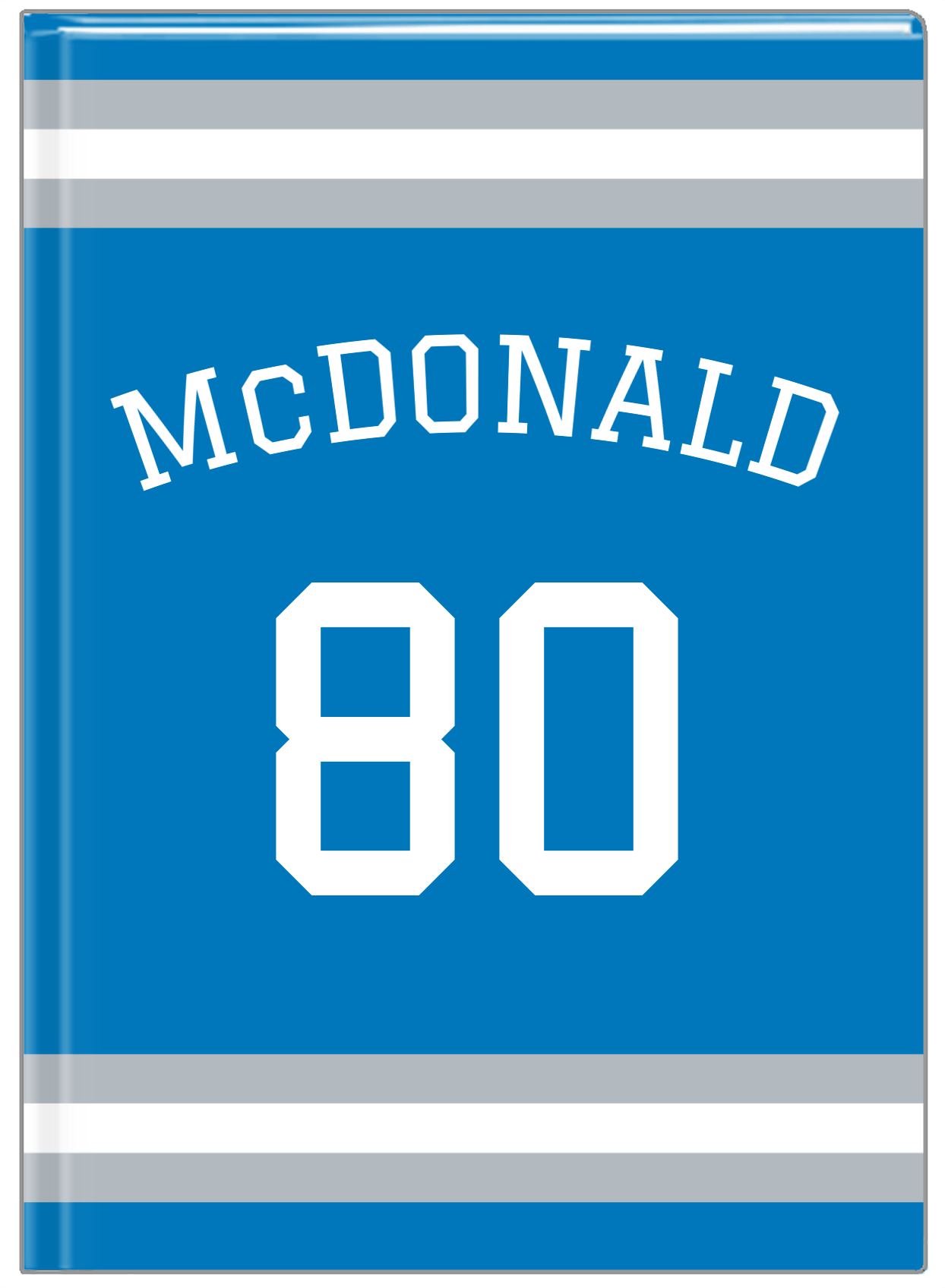Personalized Jersey Number Journal with Arched Name - Blue and Grey - Single Stripe - Front View