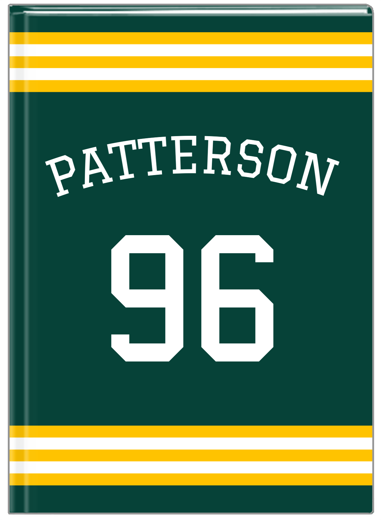 Personalized Jersey Number Journal with Arched Name - Green and Yellow - Double Stripe - Front View