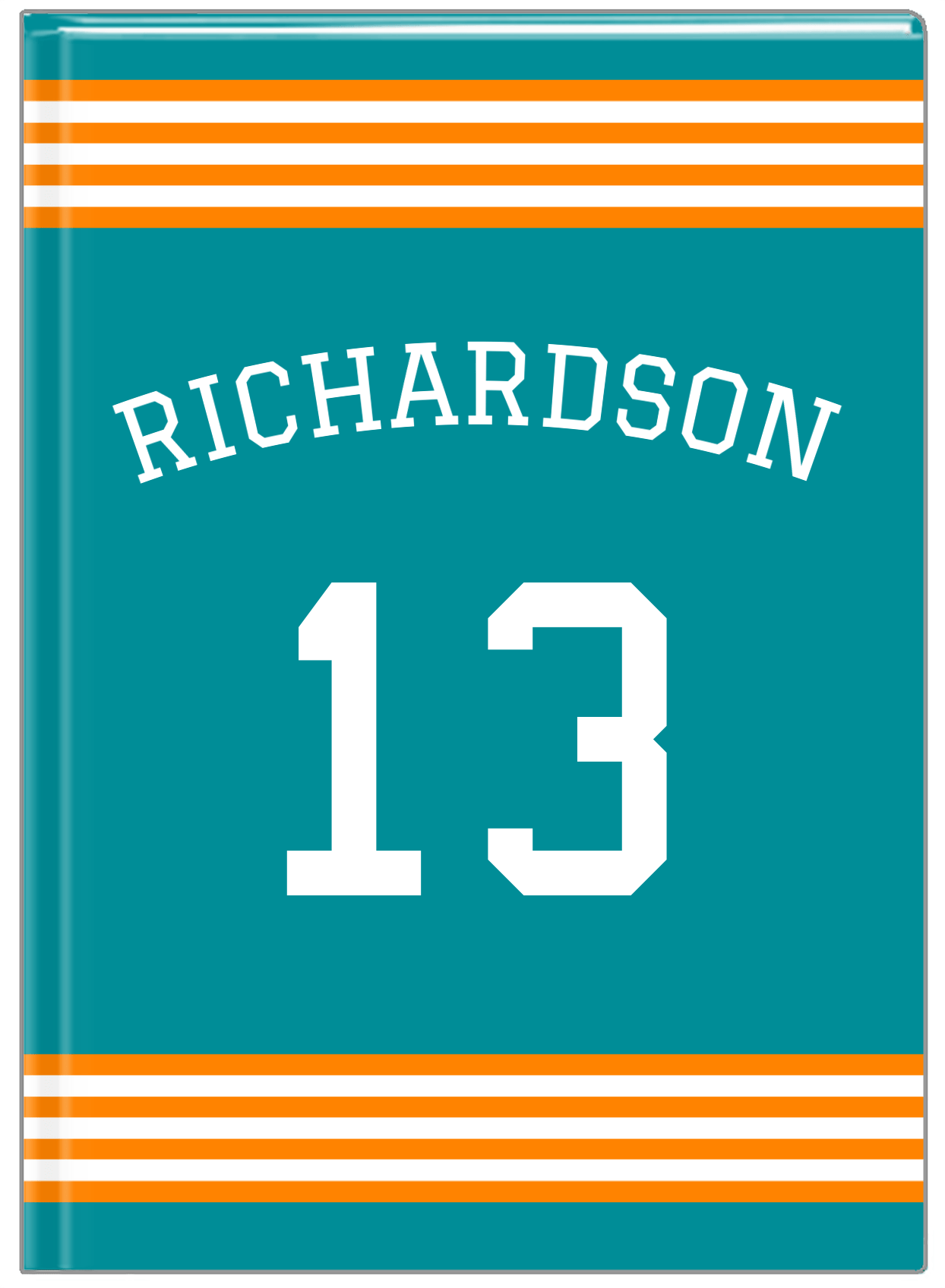 Personalized Jersey Number Journal with Arched Name - Teal and Orange - Triple Stripe - Front View