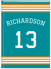 Thumbnail for Personalized Jersey Number Journal with Arched Name - Teal and Orange - Triple Stripe - Front View