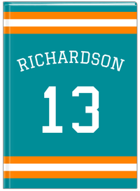 Thumbnail for Personalized Jersey Number Journal with Arched Name - Teal and Orange - Single Stripe - Front View