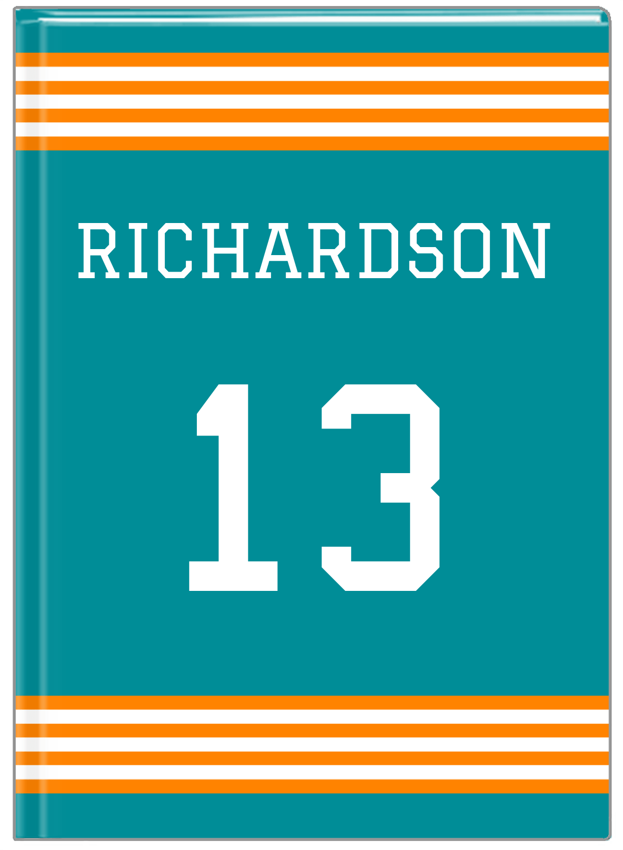 Personalized Jersey Number Journal - Teal and Orange - Triple Stripe - Front View