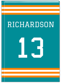 Thumbnail for Personalized Jersey Number Journal - Teal and Orange - Double Stripe - Front View
