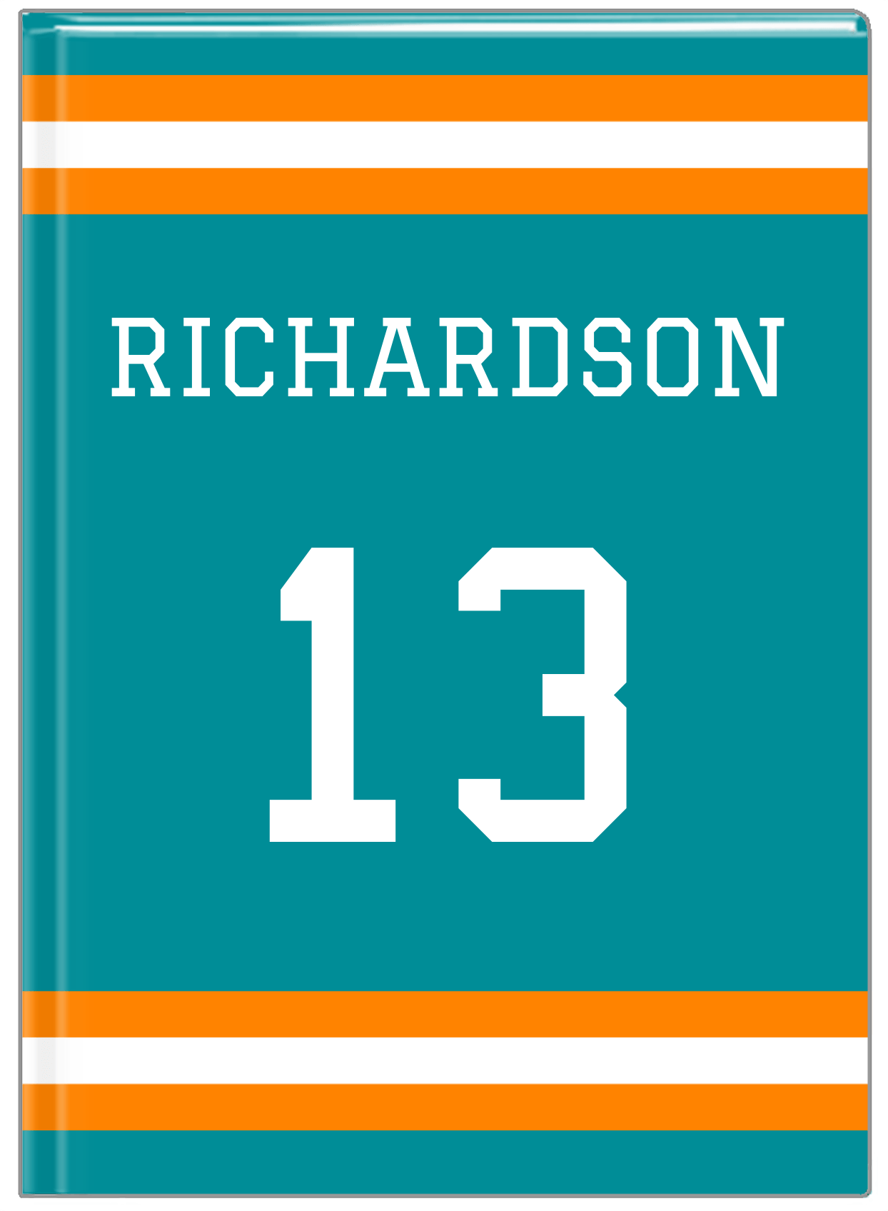 Personalized Jersey Number Journal - Teal and Orange - Single Stripe - Front View