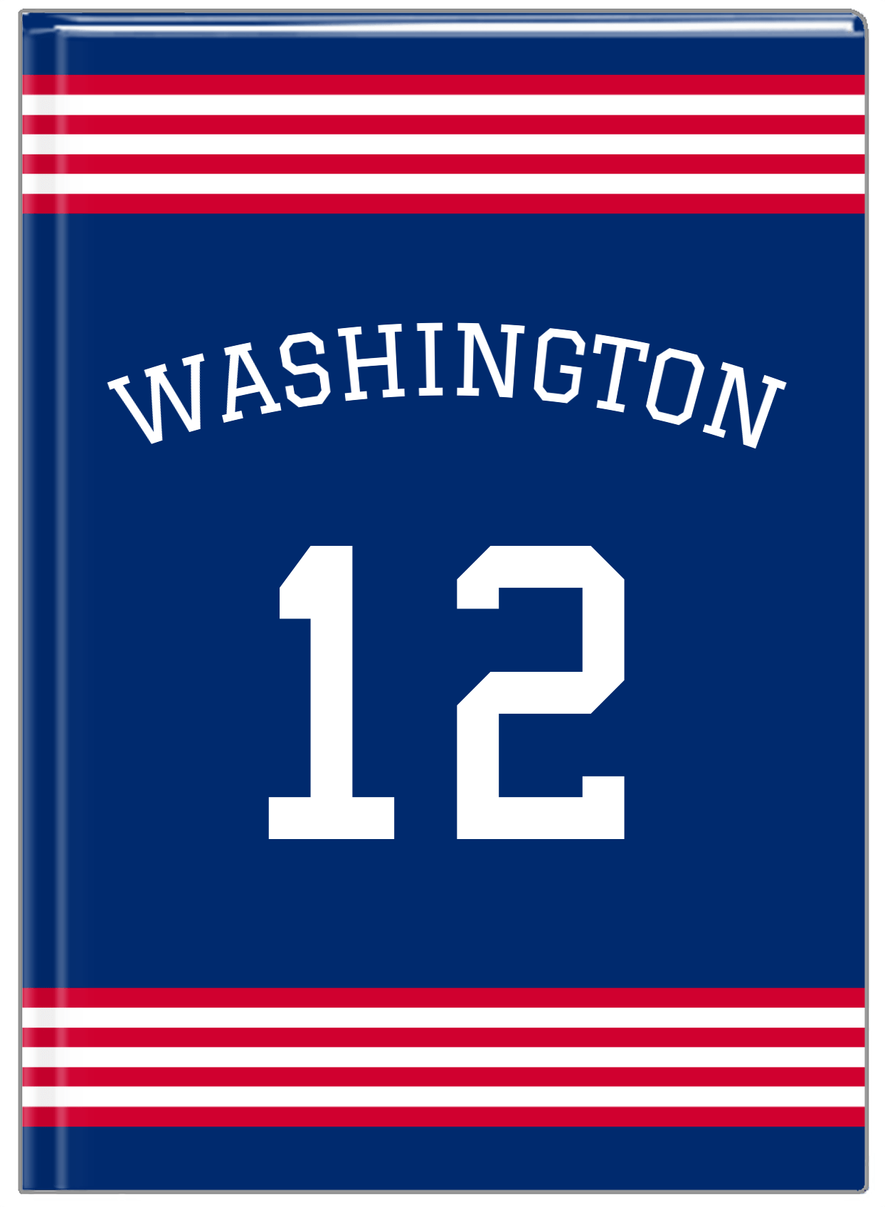 Personalized Jersey Number Journal with Arched Name - Blue and Red - Triple Stripe - Front View