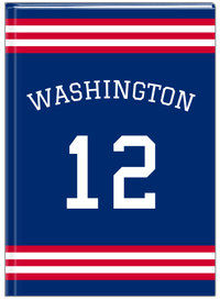 Thumbnail for Personalized Jersey Number Journal with Arched Name - Blue and Red - Double Stripe - Front View